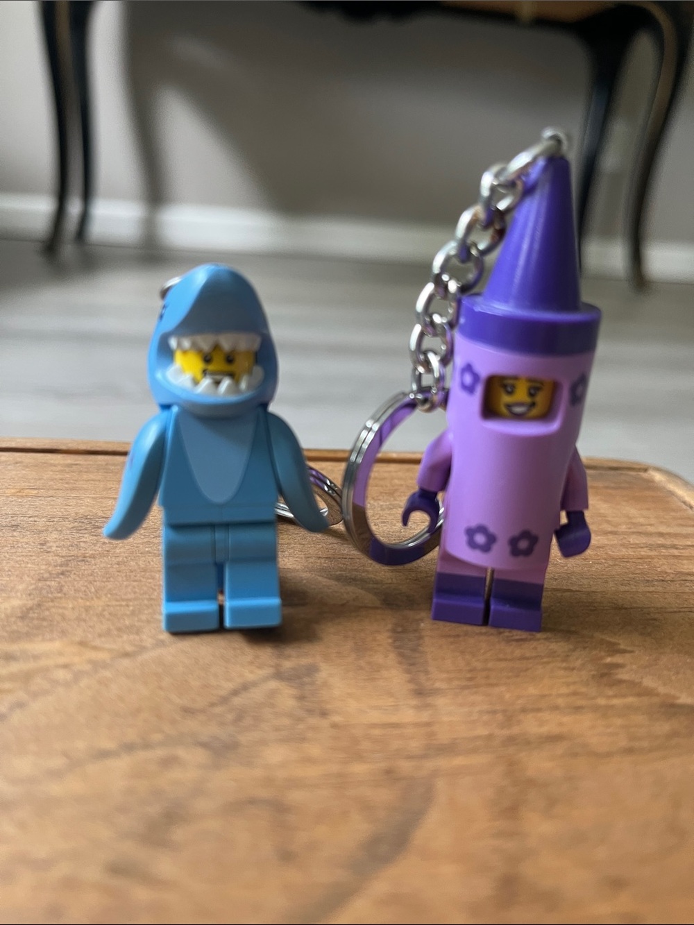 Lego Blue Shark and Purple Crayon Minifigure Keychains